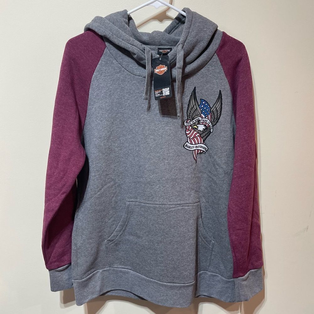 Harley Davidson Womans Sweatshirt Hoodie Gray and Burgandy Size L NWT